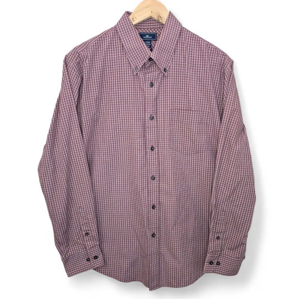 Dockers Shirt Mens Large 16-16.5 Button Up Burgundy Plaid Cotton‎ Blend Casual